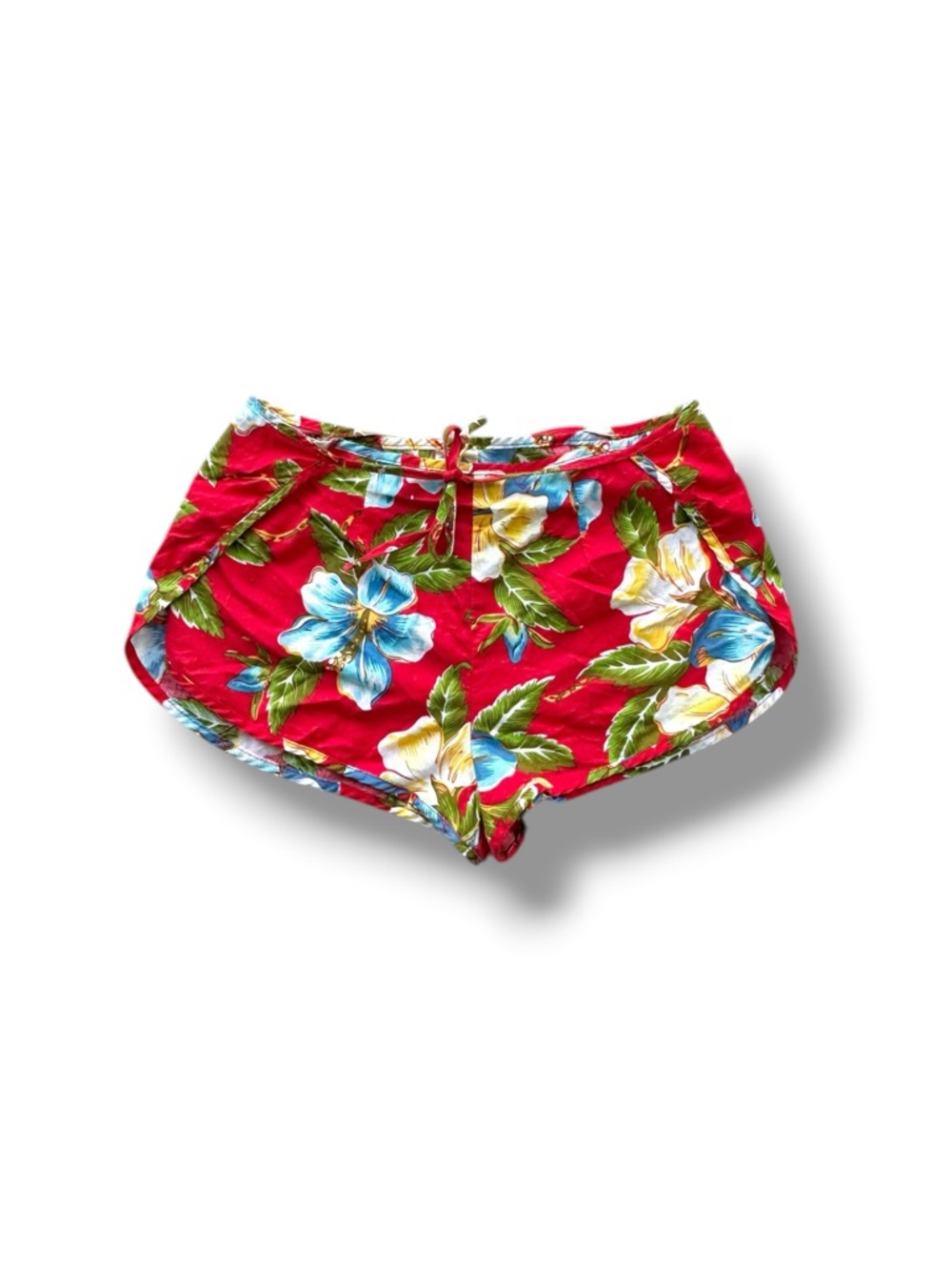Hana Red Hawaiian Floral Tie Waist Mini Wrap Shorts 100% Cotton M 2000s Y2K